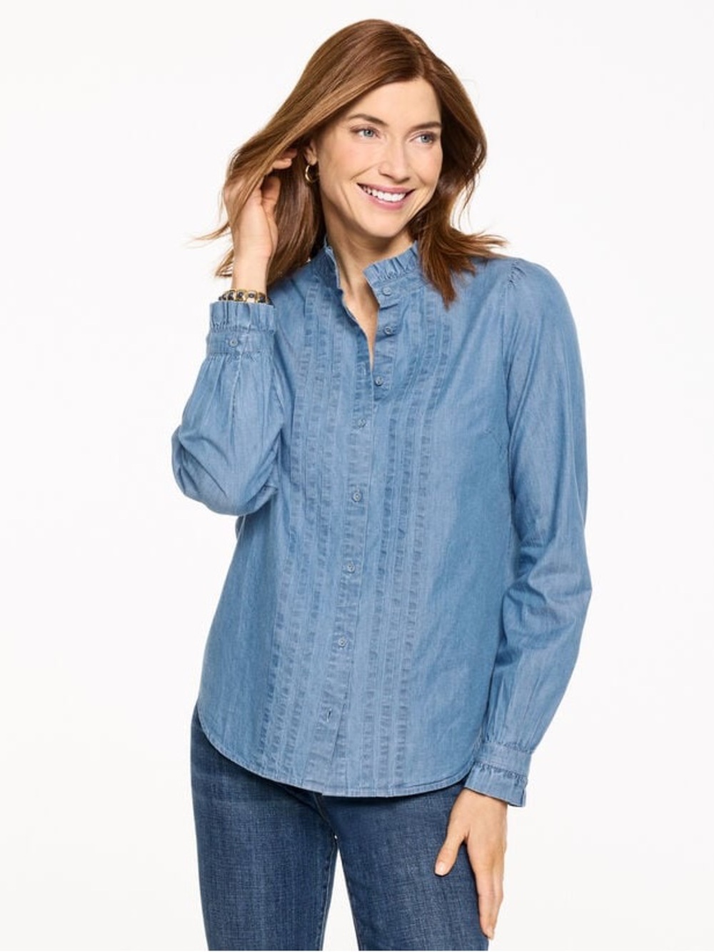 Talbots Pintuck Chambray Top -Treadwell Wash Size M Denim Blue - Picture 1 of 9